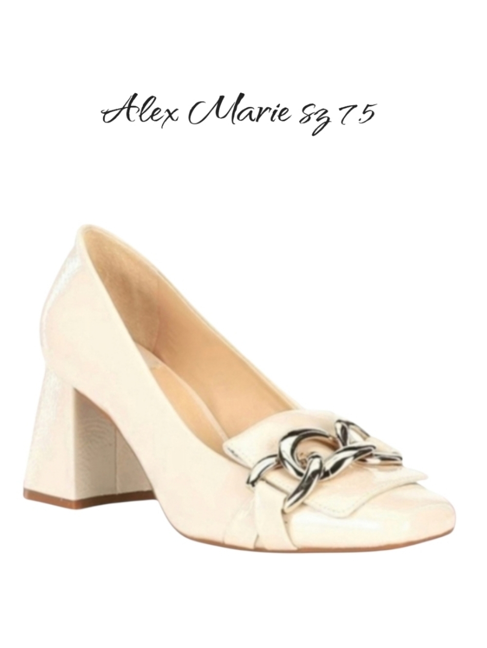 Alex Marie Beige Patent Leather Chain Block Heel Loafer Pumps Sz 7.5 NEW